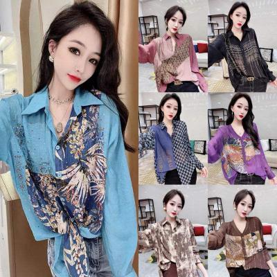 China Europe home reference of anti-pilling factory direct sales 2023 summer new retro contrast spliced ​​Diamond Shirt for sale