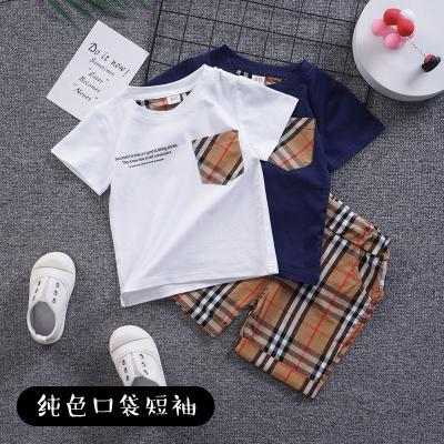 China Casual Korean version of the summer cotton plaid children's baby round neck two-piece set of the plaid children's suit for sale