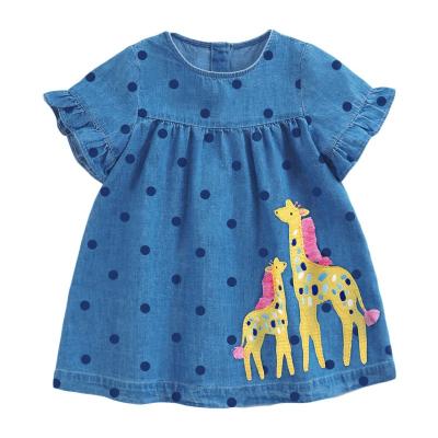 China Washable Short Sleeve Cartoon Kids Denim Dress Babies Cotton Smocked Dress for sale