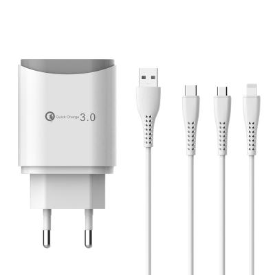 China Quick Mobile Phone Charger Adapter QC3.0 18W USB Port Charger And Cable Kit For USA EU Plug Cargadores Rapido Para Celulares for sale