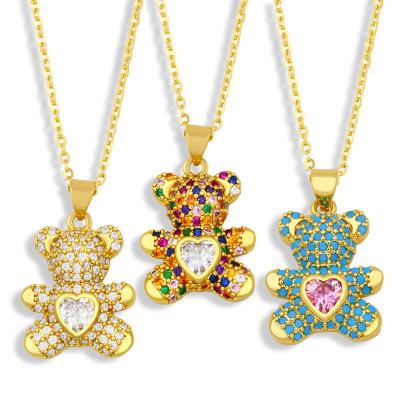 China New Color Zircon Gold Plated Love Heart Teddy Bear Long Pendant Necklace Inlaid Free Color Matching Lovers Bear Running Necklace for sale