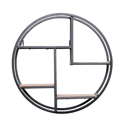 China Chinese style living room wall shelf wrought iron partition wall hanging home decoration storage minimalist solid wood round rack for sale