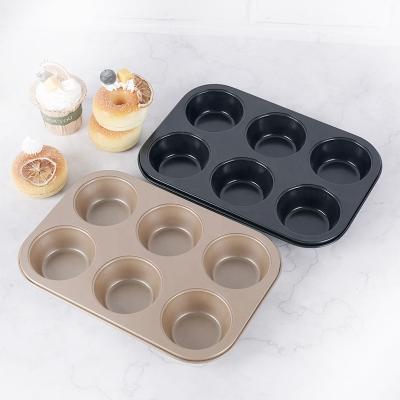 China Black Silver Gold Stocked Nonstick Carbon Steel 6 Cups Roll Pan Cupcake Baking Pan Bakeware for sale