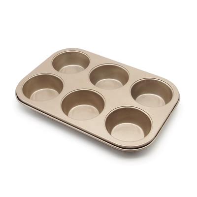 China Black Silver Gold Stocked Nonstick Carbon Steel 6 Cup Bkae Pan Cupcake Baking Pan Bakeware for sale