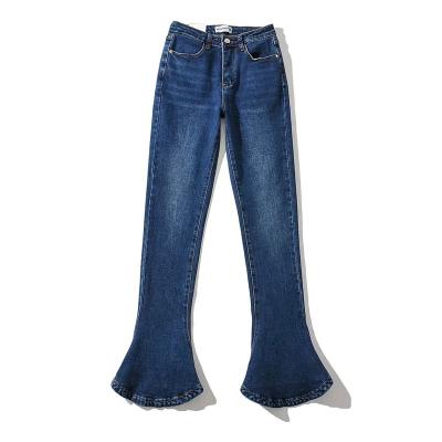 China Sustainable Factory direct sales of high quality custom - made skinny trim bell - bottom jeans ladies jeans washed denim for sale