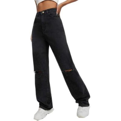 China Factory Breathable Cheap Fashion High Waist Ripped Straight Leg Black Jeans Hole Jeans For Women Ladies for sale