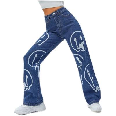 China 2021 Fashionable Cartoon Graphic High Waist Denim Pants Breathable Wide Leg Jeans For Women Ladies for sale