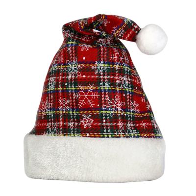 China Plaid Fabric with Felt Striping Inside Print Snowflakes Christmas Hat Plaid Christmas Santa Hat for Merry Christmas New Year Holiday Party for sale