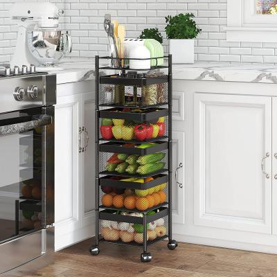 China Mesh Storage Rack Storage Cart Kitchen Vegetable and Fruit Shelf Rotating Viable Rotating Basket Mobile Storage Rack Basket for sale