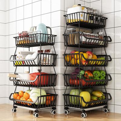 China Durable Rolling Vegetable Rack Mesh Wire Stackable Kitchen Basket Storage Organizer 3-Tier Metal Storage Cart Storage Rack for sale