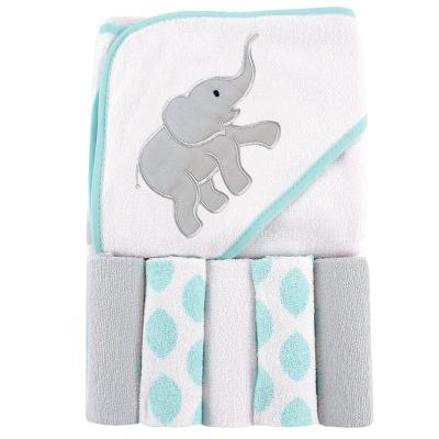 China FREE SAMPLE Baby Kids Safe Unisex Hooded Towel Friends Kids with Five Washcloths, Ikat Elephant, One Size for sale