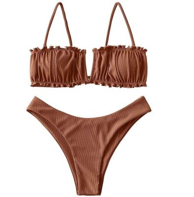 China Women Plus Size FREE SAMPLE 2 Piece Bandeau Bikini Set Ruffle Lace Up Padded Swimwear for sale