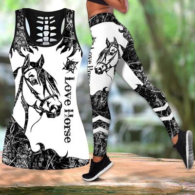 China QUICK DRY Women Casual 2 Piece Outfits Horse 3D Printed Hollow Out Tank Top Yoga Gaiters Jogger Sets Activewear for sale