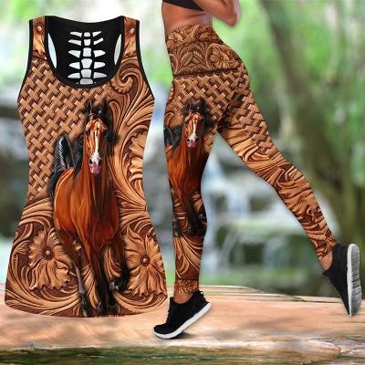 China QUICK DRY 3D Printed Hollow Out Tank Tops Women Sexy Vest Girls Shape Leggings Clothing Fitness Yoga Gym Set for sale