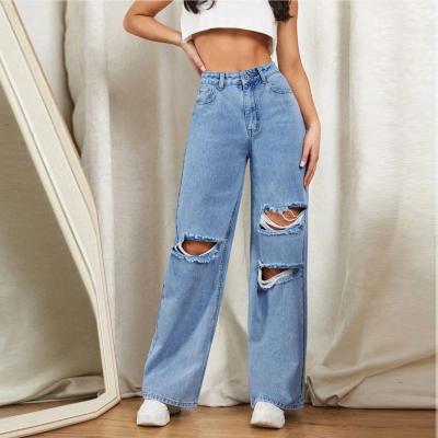 China Wholesale Breathable Premium Quality Fashion Clothes Women Denim Pants Custom Zipper Fly Ripped Retail Wide Leg Loose Jeans for sale