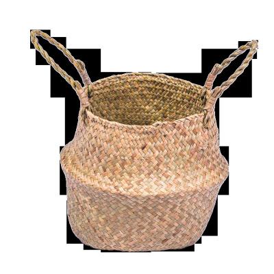 China Modern Hot selling big round foldable woven straw seagrass belly basket for laundry storage or flower pots for sale