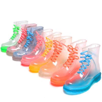 China Women Ankle PVC Rain Boots Waterproof Transparent Shiny Ankle Heeled Shoes For Lady for sale