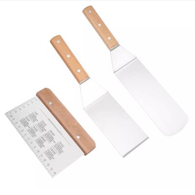 China Sustainable 3pcs Stainless Steel Charcoal Steak Frying Spatula With Wooden Handle for sale