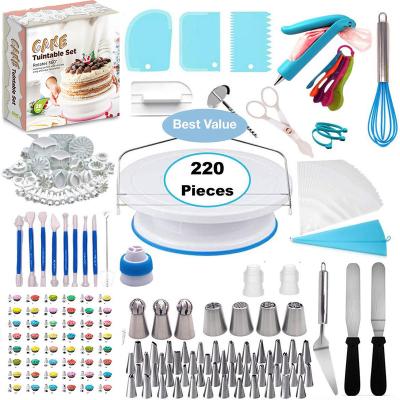 China 220 Pcs Sustainable Cake Decorating Tool Kit With 11 Inch Plastic Cake Turntable for sale