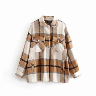 China Anti Wrinkle Anti-Wrinkle Vintage Pockets Oversized Fashion Women Plaid Jacket Coat Lapel Collar Long Sleeve Elegant Loose Chic Top Outerwear Shirt for sale