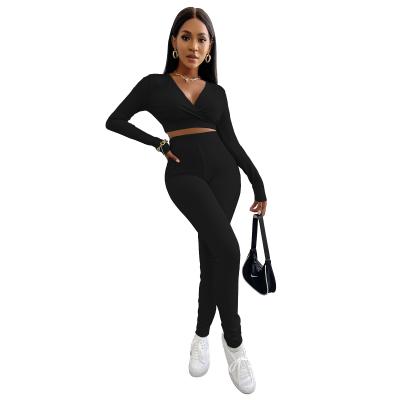 China Autumn Solid Color Crop Top V Neck Tracksuit QUICK DRY Women Fall Two Piece Sets Long Sleeve Set Two Piece Tracksuit Pants for sale