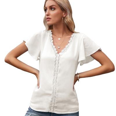 China Fashionable Ladies Casual Breathable Tops Womens Summer Breathable Stitching Lace Up Elegant Blouses And Tops For Woman for sale