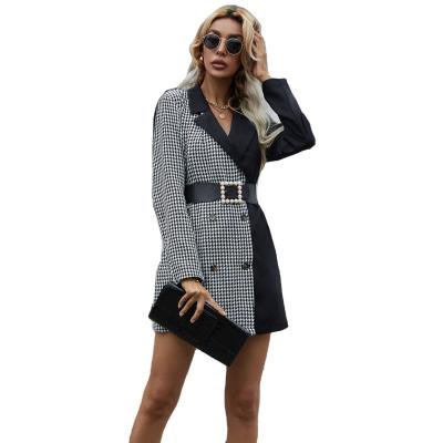 China Fashionable Anti-Wrinkle Long Sleeve Fashion Suit Color Block Women Plaid Double Breasted Blazer for sale