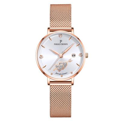 China Luxury Simple Design Day/Date Gift Watch Stainless Steel Wristwatches Women Watches Rose Gold Quartz Watches for sale