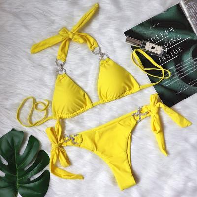 China European and American diamond women's new swimsuit beach resort strap sexy crystal bikini solid color breathable swimwear in stock for sale