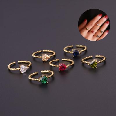 China Fashion Romantic Gold Plated Multicolor Heart Rings Zircon Free Size Women Ring Wedding Party Jewelry for sale