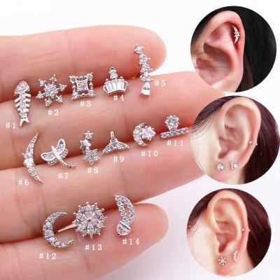 China New Silver Fish Bone Dragon Moon Star Shape Stainless Steel Barbell CZ Ear Jewelry Cute Tiny Helix Tragus Piercing Stud Earring for sale