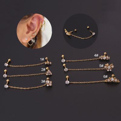 China TRENDY 16g Stainless Steel With CZ Stud Earring Back Srecw Piercing Stud And Hole Ear Helix Chain Separable Double Lobe For Women for sale