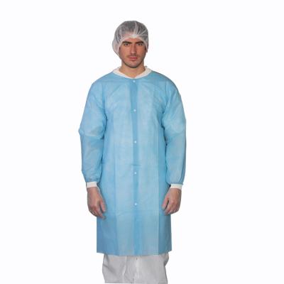 China Disposable Blue Hospital Polypropylene SMS Lab Coat With Knit Collar And Cuff for sale