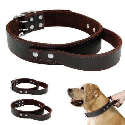 China Stocked Durable Genuine Leather Dog Collars Real Leather Training Collars For Medium Large Dogs Pets Pit Bull With Quick Release Handle for sale