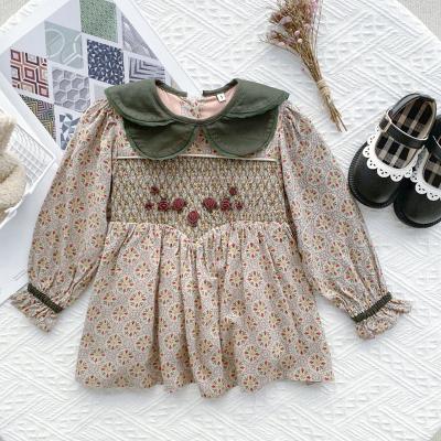 China Latest Breathable Girls Long Sleeve Cotton Soft Floral Handmade Embroidery Smocked Dress for sale