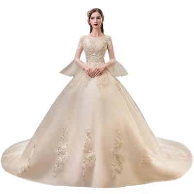 China Breathable Bell Sleeve Champagne Embroidered Lace Wedding Dress Tow Long Wedding Dress for sale