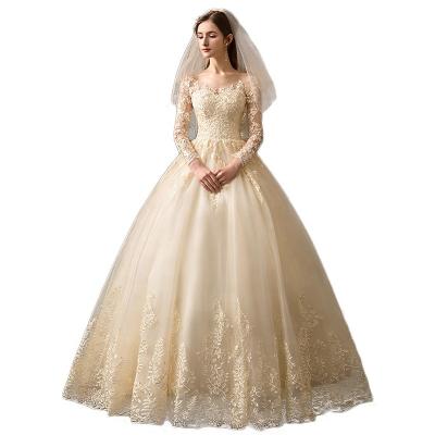 China Breathable Sheath Long Champagne Wedding Dress Embroidered Floor Length Bridal Gown for sale