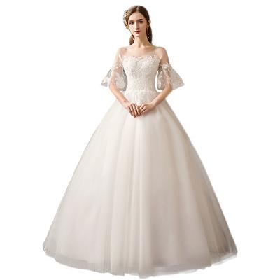 China Breathable Elegant Floor Length A-Line Bell Sleeve Bridal Gown White Organza Wedding Dress for sale