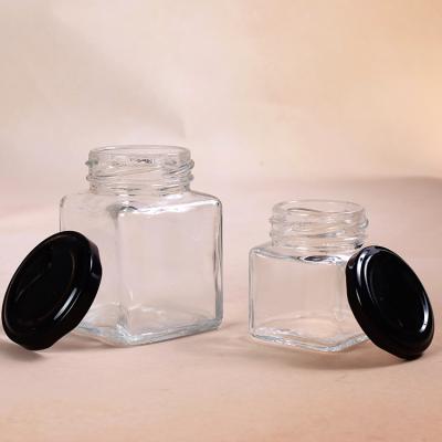 China 100ml 200ml Square Glass Bottle Food Jam Honey Jar With Tin Plate Cap Lid for sale