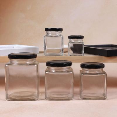 China CANDY 100ml 200ml Food Honey Jar Glass Jam Jar Square Glass Bottle With Tin Cap Lid for sale