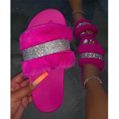 China Lady Rhinestone Fur Slides flat women Selipar de chinelos pantuflas home slippers trend JANHE fashion link shoes hot outdoor platform dye for sale