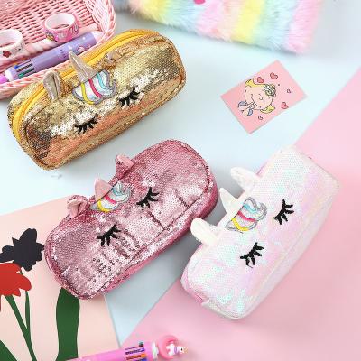 China JANHE Fabric Sequin Glitter Ladies Stationery Storage Pouch PU Cartoon Cute Unicorn Makeup Bag Kids Pencil Cosmetic Bag For Girls for sale