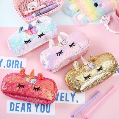 China Unicorn Patten Janhe Young Girls Gift Glitter Sequin Novelty Cosmetic Pray Kid Unicorn Pouch Pencil Bag Cute for sale