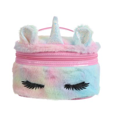 China JANHE Style Panda Women Fur Toiletry Case Travel Storage Bags Unicorn Holographic Cosmetic Hand Bag Plush Makeup Bag For Girls for sale