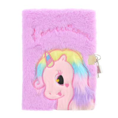 China Cute Janhe Cuaderno Durable Wholesale Kids Dairy Plush Unicorn Fur A5 Notebook Diary Lock Diary For Girls for sale