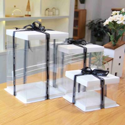 China Recyclable Custom Logo PET Tall Transparent Cake Box Packaging Birthday Cake Box Three-in-One Clear Plastic Cake Box for sale