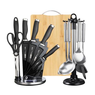 China Disposable Kitchen Knives Chef Sets Manufacture High Quality Carbon Stainless Steel Kitchen Knife Sets Black Knife Set Rotary Holder for sale