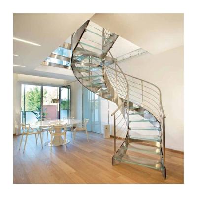 China Customized design tmepered glass modern curved staircase indoor stairway for sale