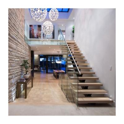 China Manufacturer supply wooden and steel staircase central stringer modern wood straight stairway for house for sale