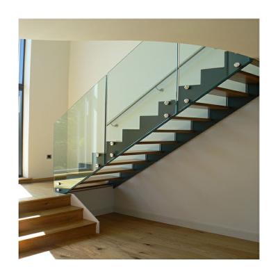 China Indoor Straight Metal Stairs Wood Tread Steel Handrail Staircase zu verkaufen